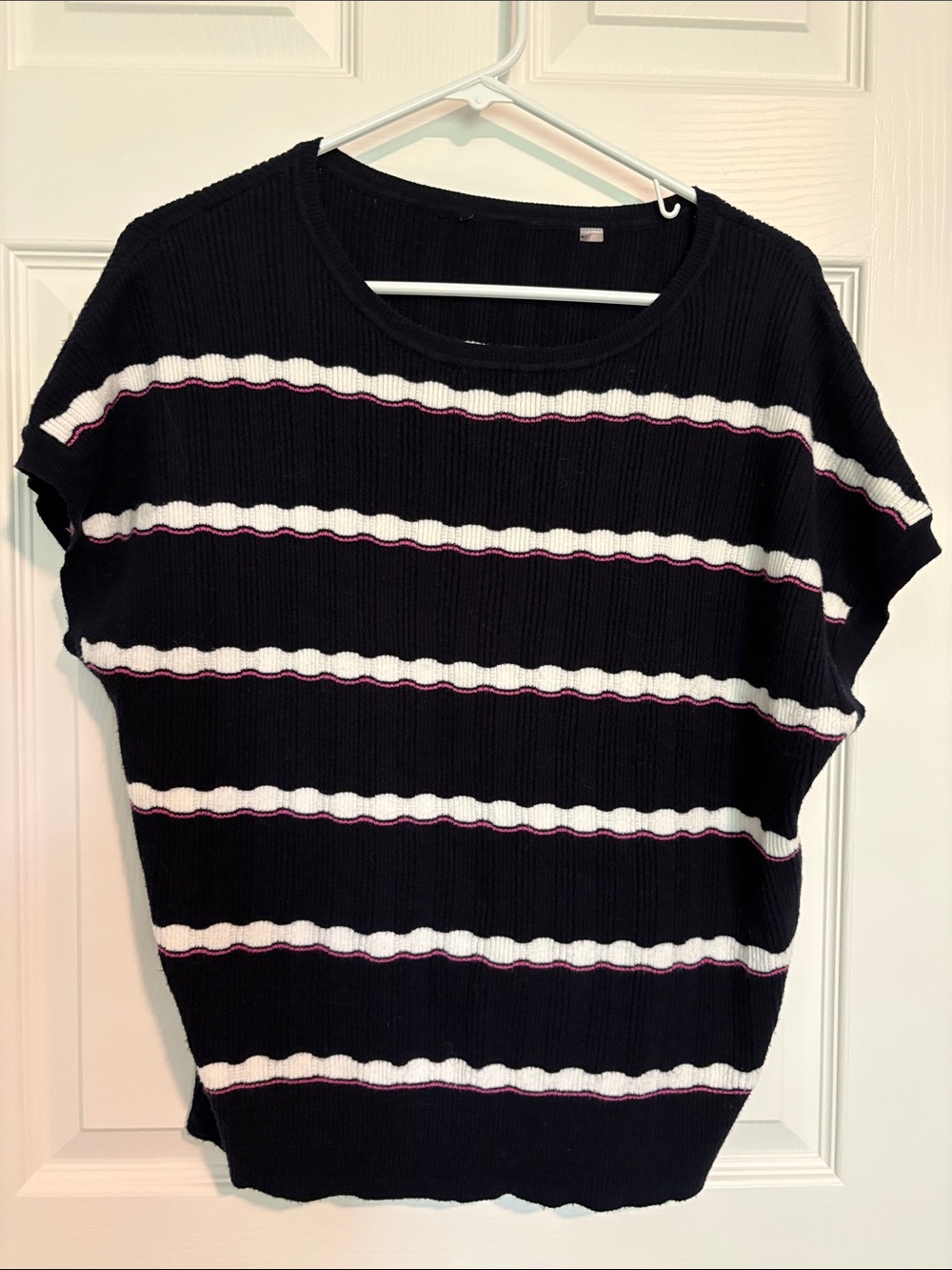 CLEARANCE! Black Ribbed Short-Sleeve Sweater with White and Pink Stripe Detail